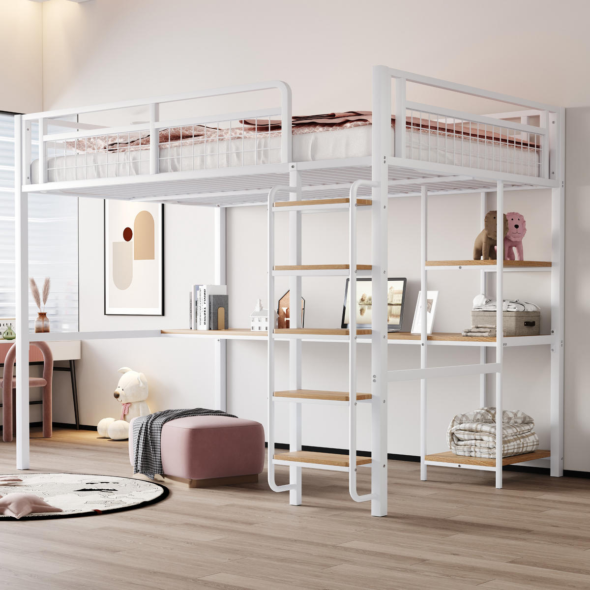 HOCHBETT 140/200 cm weiß aus Metall mit Tisch und Regal - Weiß, Metall (140/200cm) - OKWISH