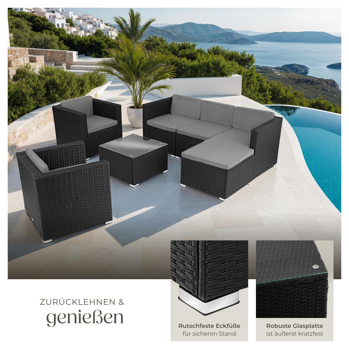 RATTANLOUNGE Lignano,variabel aufstellbar,schwarz - Schwarz, Kunststoff - tectake