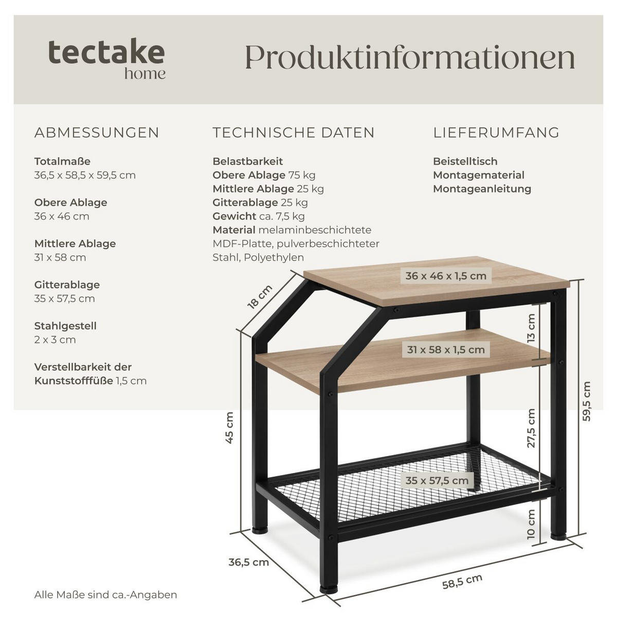 BEISTELLTISCH Plymouth, 36,5 x 58,5 x 59,5 cm, Industrial Holz hell, Eiche Sonoma - Naturfarben, Holz (58.5/36.5/59.5cm) - tectake