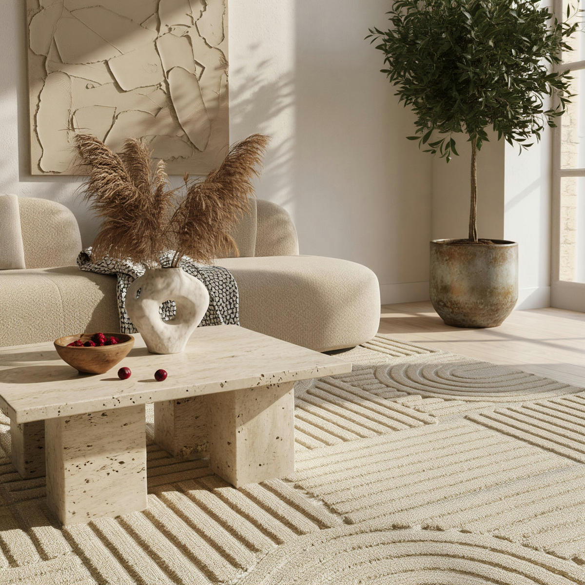 TEPPICH 3D-Effekt Skandinavischer Boho Skulptural Waschbar Esszimmer Beige 240x340 cm – RIGI - Beige, Textil (340/240cm) - KADIMA DESIGN