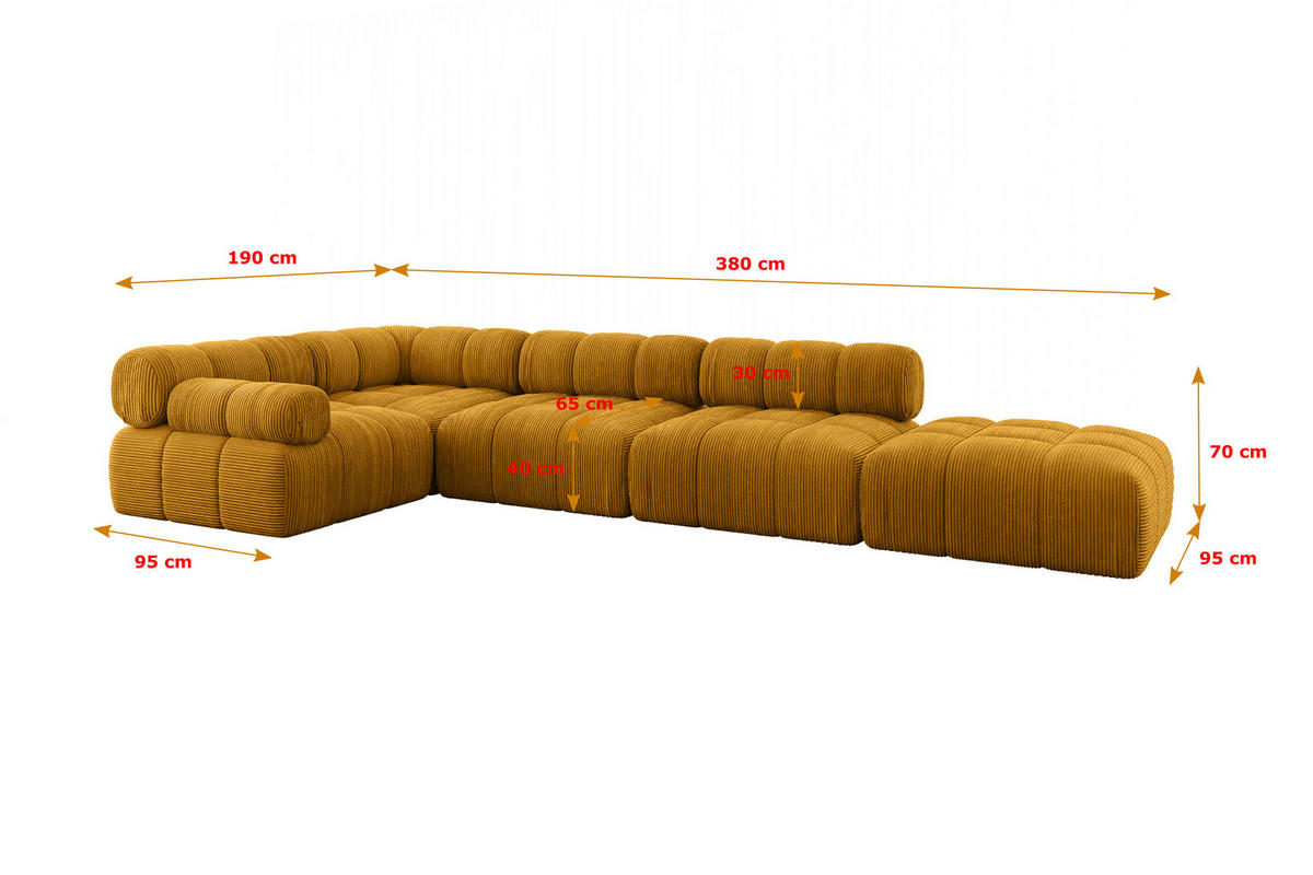 ECKSOFA modulares Sofa Felto-L2 - 380x190x70 cm Senfgelb Cord - Currygelb, Holzwerkstoff/Textil (380/190cm) - ALTDECOR