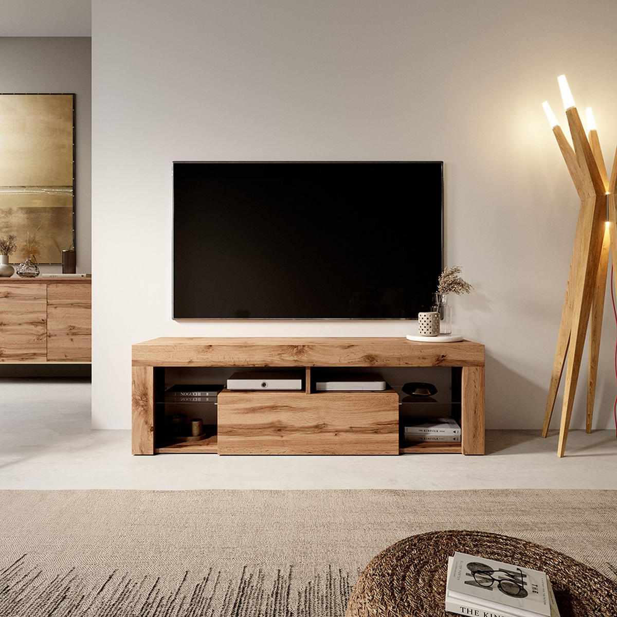 TV-LOWBOARD Bianko Lancelot Eiche mit LED, 140 cm - Eichefarben, Holzwerkstoff (140/50.5/35cm) - Selsey