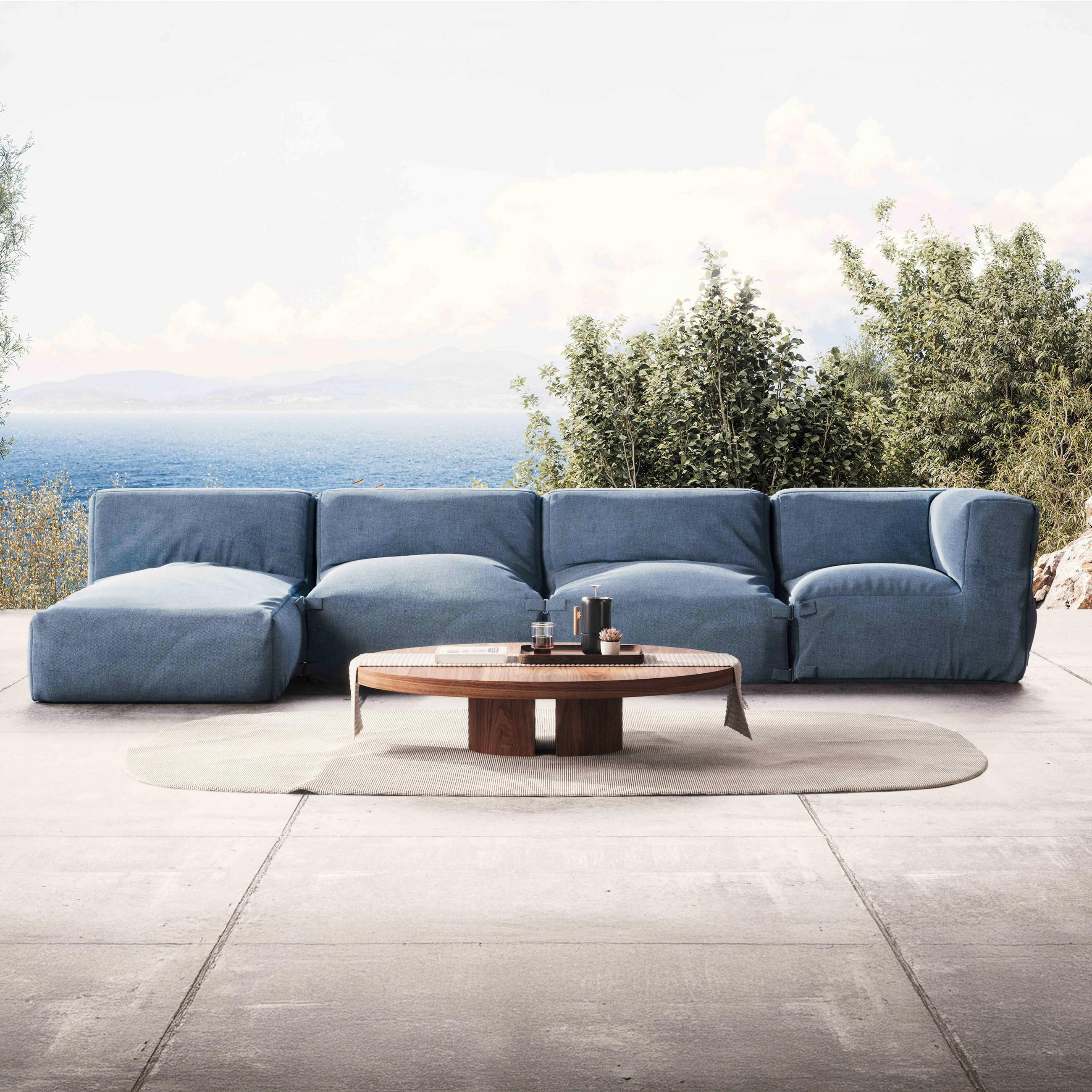 GARTENSOFA 4-tlg., Pazifikblau - Blau, Textil (85/65/160cm) - Oviala