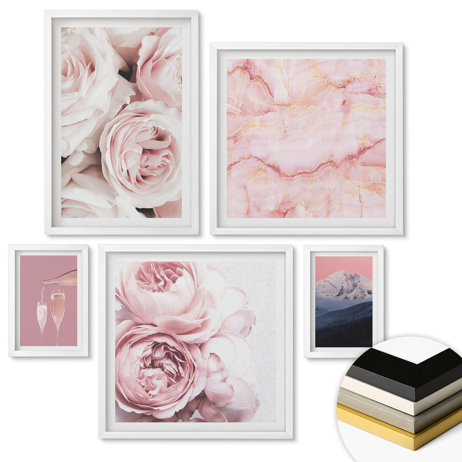 WANDBILDER 5er-Set - 50x50 cm & 20x30 cm & 40x60 cm Weißer Rahmen - Eiffels Porträt einer Frau mit Rosen - Weiß, Kunststoff (40/60cm) - ArtPrintCave