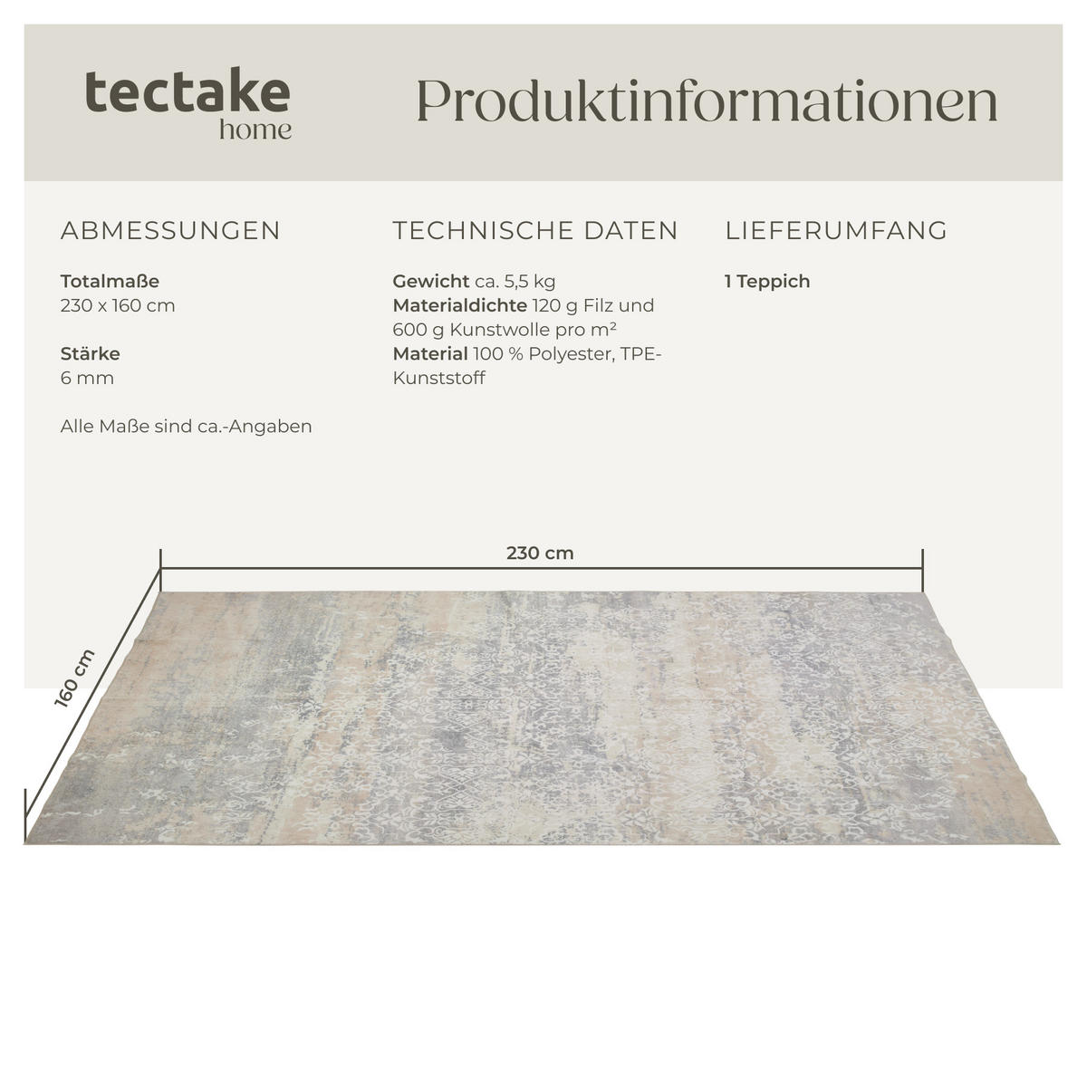 TEPPICH Vintage Design Dalia,rutschfeste Unterfläche,beige - Beige, Kunststoff (160/230cm) - tectake