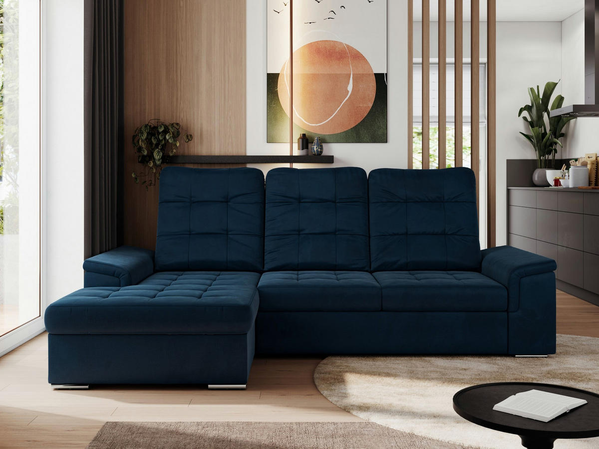ECKSOFA MADRITO L - Dunkelblau Velorus - Links - Silberfarben/Dunkelblau, Textil/Metall (160/256cm)