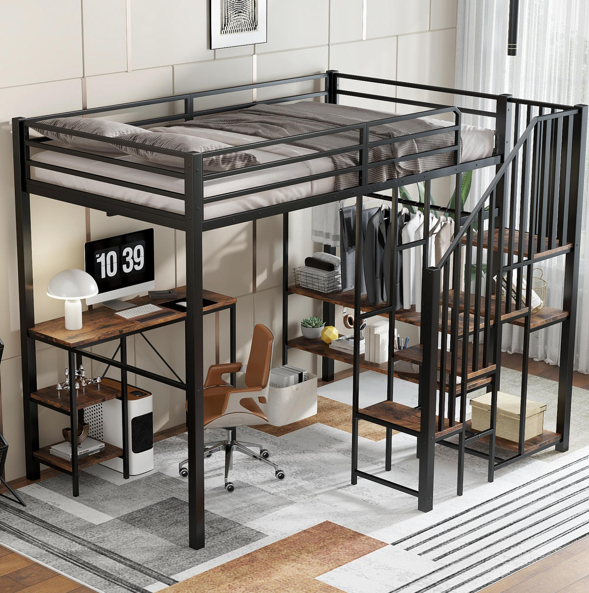 HOCHBETT aus Metall und MDF 120x200 cm Schwarz mit Schreibtisch, Eckleiter und offenem Kleiderschrank - Schwarz, Holzwerkstoff (120/200cm) - IVMEU