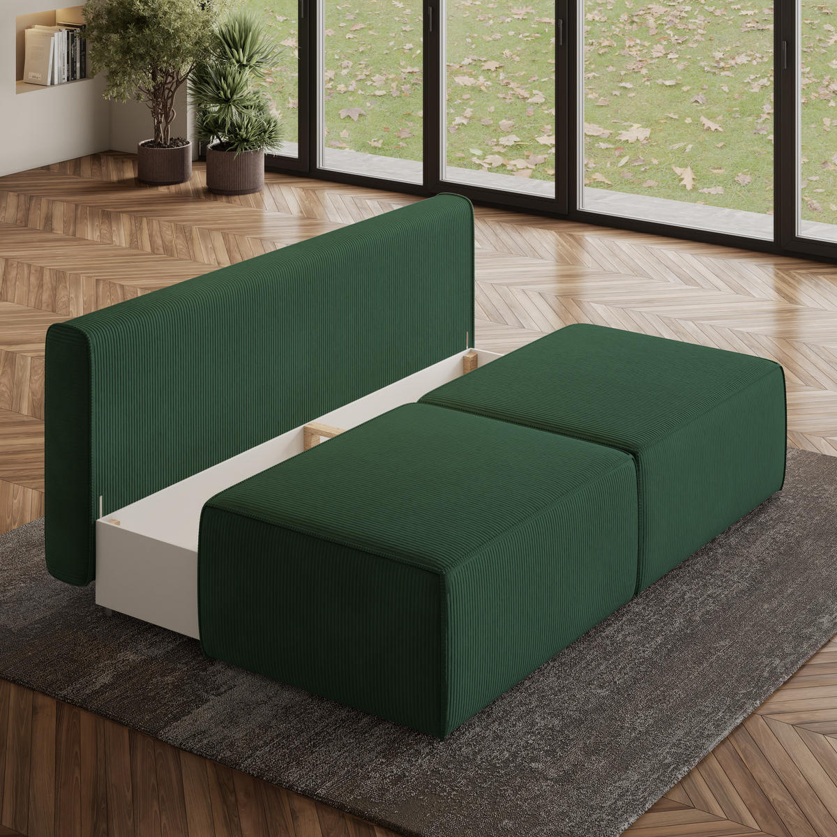 ECKSOFA VARNA P Grün Kordstoff mit Schlaffunktion - Grün, Holz (196/158cm) - MASSENO