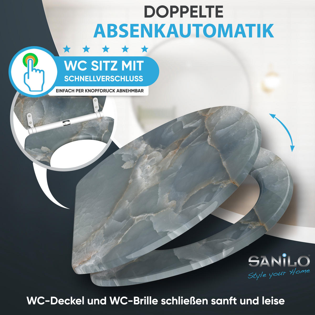 WC-SITZ mit Absenkautomatik & Top Fix Marmor Italia - Grau, Holzwerkstoff (37.7/5.5/48cm) - Sanilo