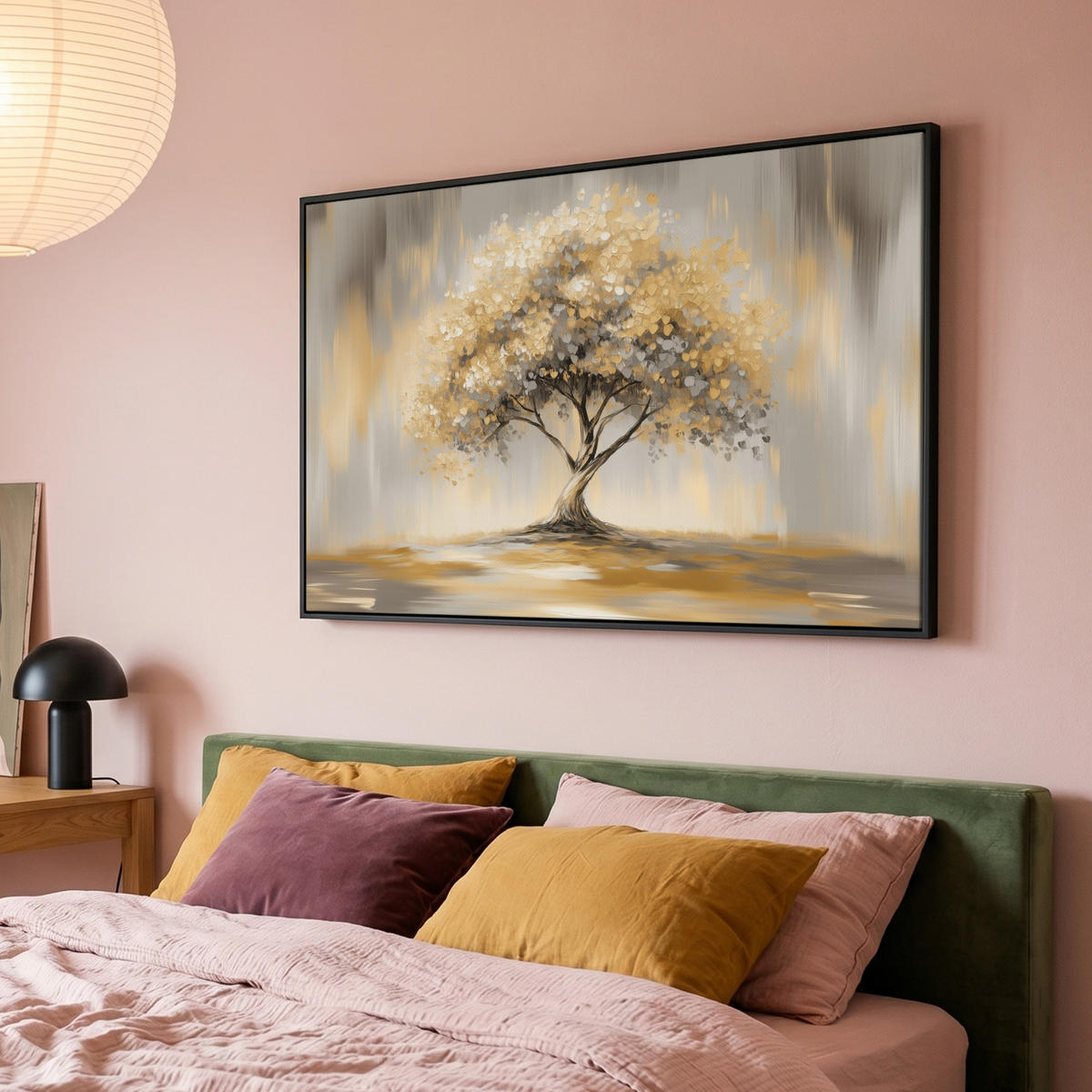 LEINWAND Bilder mit Rahmen - Gemälde - Baum - Abstrakt - Blätter - 140x90 - Beige, Textil (140/90cm) - MuchoWow