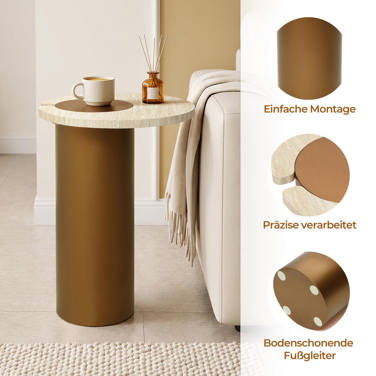 BEISTELLTISCH Holz Rund mit Travertin-Optik, 56 cm hoch - Braun, Holzwerkstoff (40/40/56cm) - Hometopia