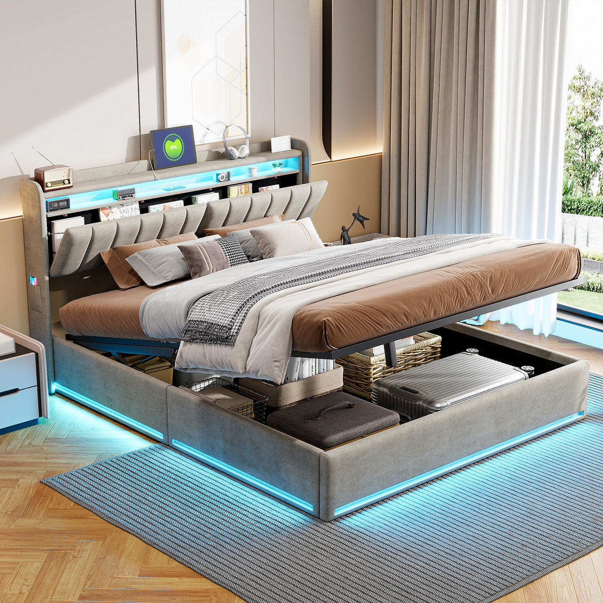 POLSTERBETT 160x200 cm LED USB Stauraum Lattenrost Samt grau - Grau, Holz (160/200cm) - LEBENLANG
