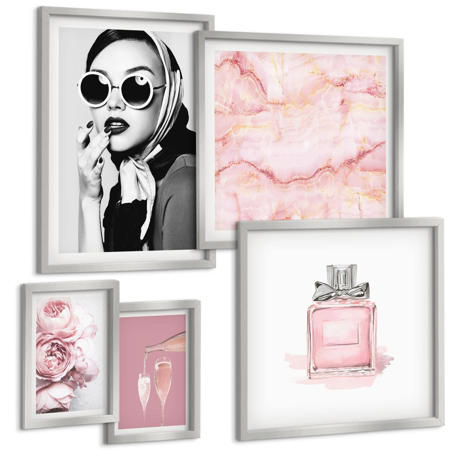 BILDER SET 5er Set - 50x50 cm & 20x30 cm & 40x60 cm Silberner Rahmen - Stilvolle pinkfarbene Accessoires - Silberfarben, Kunststoff (40/60cm) - TULUP