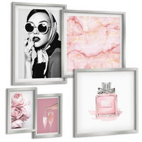 BILDER SET 5er Set - 50x50 cm & 20x30 cm & 40x60 cm Silberner Rahmen - Stilvolle pinkfarbene Accessoires - Silberfarben, Kunststoff (40/60cm) - TULUP
