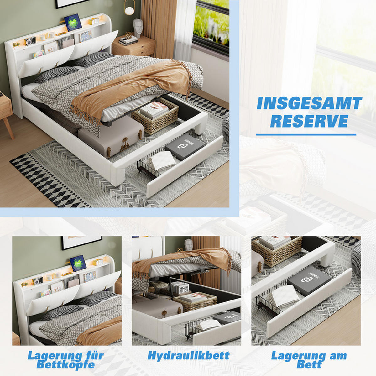 POLSTERBETT 160x200cm, Beige, Samt, mit LED-Lichtleiste und USB-Ladeanschluss, Schubladen, ohne Matratze - Beige, Holz (160/200cm) - WoodenAura