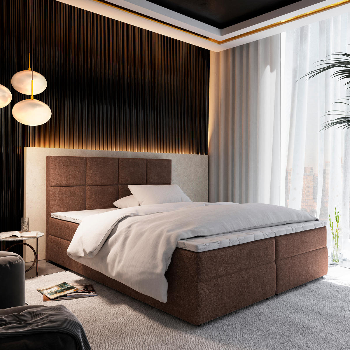 BOXBETT LENA 160x200 cm mit Matratze und Topper - Braun - Hellbraun, Holz (160/200cm) - MASSENO