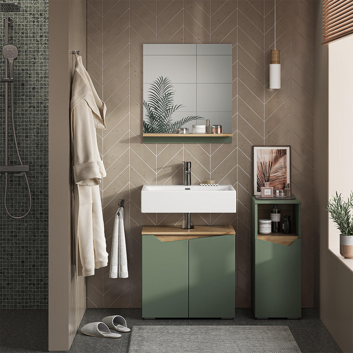 MIDISCHRANK Marelle Grün/Artisan 30 x 74.5 cm mit Tür und offenem Fach - Grün, Holzwerkstoff (30/74.5/35cm) - Vicco