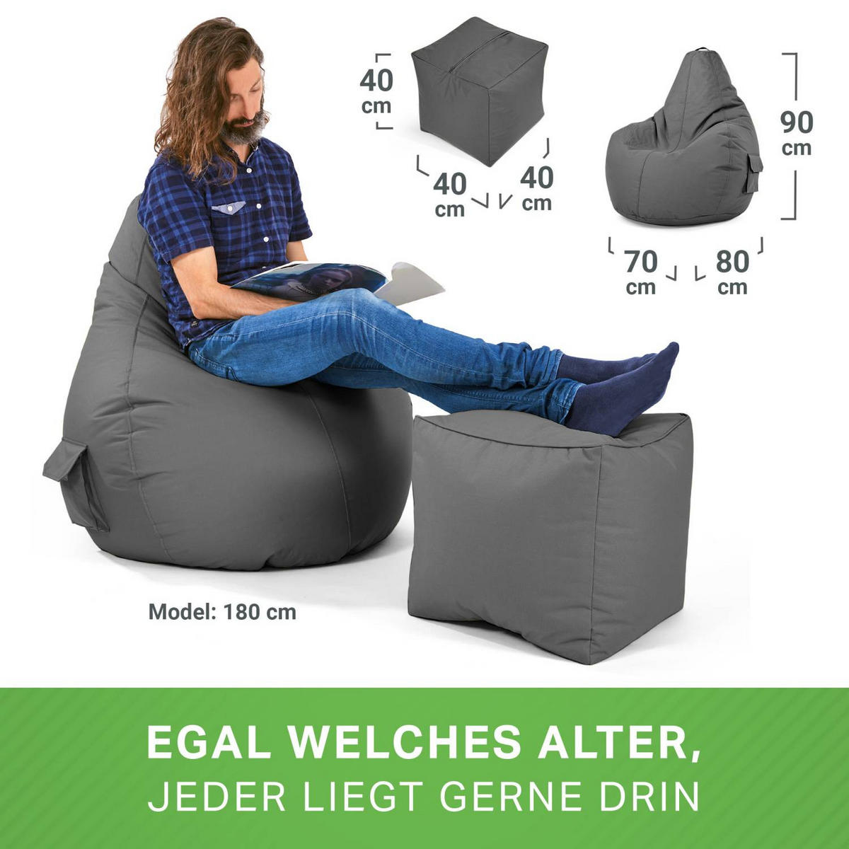 SITZSACK + Hocker "Cozy+Cube" 2er Set - Hellblau, Textil (70/90/80cm) - Green Bean