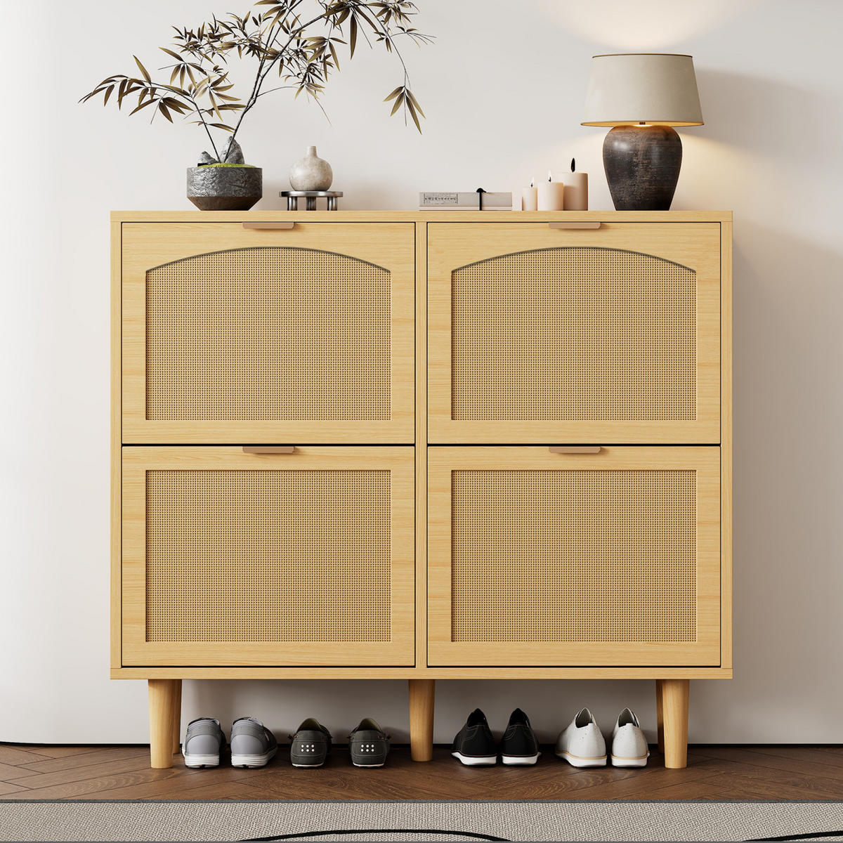 SCHUHSCHRANK in Rattanoptik mit 4 Klappen, schmale Schuhkommode für Flur - Naturfarben, Holz (100/90/25cm) - PARAFTA HOME
