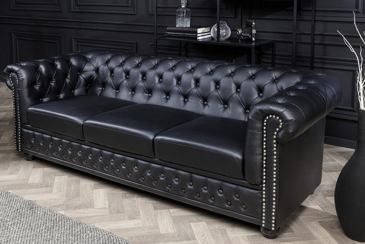 3-SITZER SOFA CHESTERFIELD Kunstleder Schwarz 205 cm - Dunkelbraun/Schwarz, Holz/Textil (205/73/85cm) - riess-ambiente