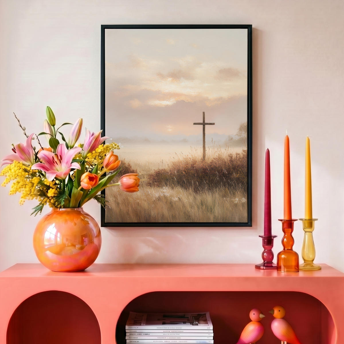 LEINWAND Bilder mit Rahmen - Gras - Morgennebel - Kreuz - Christentum - 30x40 - Beige, Textil (30/40cm) - MuchoWow