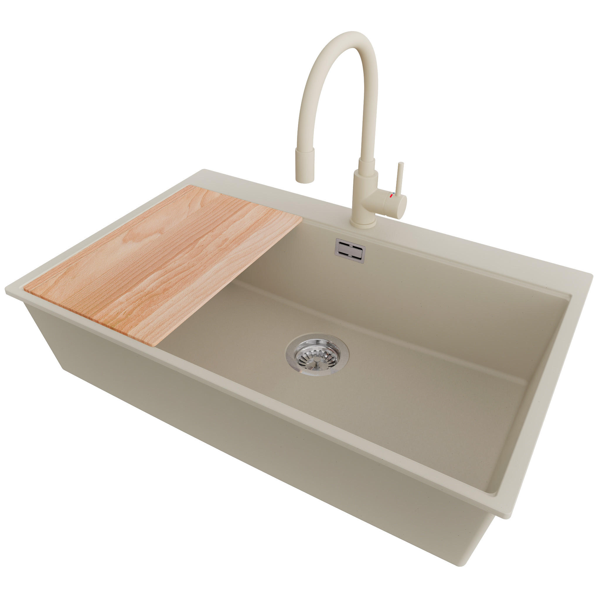 GRANITSPÜLE Oslo, 2-er set Beige 78/50 cm 1 Becken + Küchenarmatur 38/14 cm + Ablauf-Set + Schneidebrett ab 80er Unterschrank - Chromfarben/Beige, Kunststoff (78/20/50cm) - Primagran