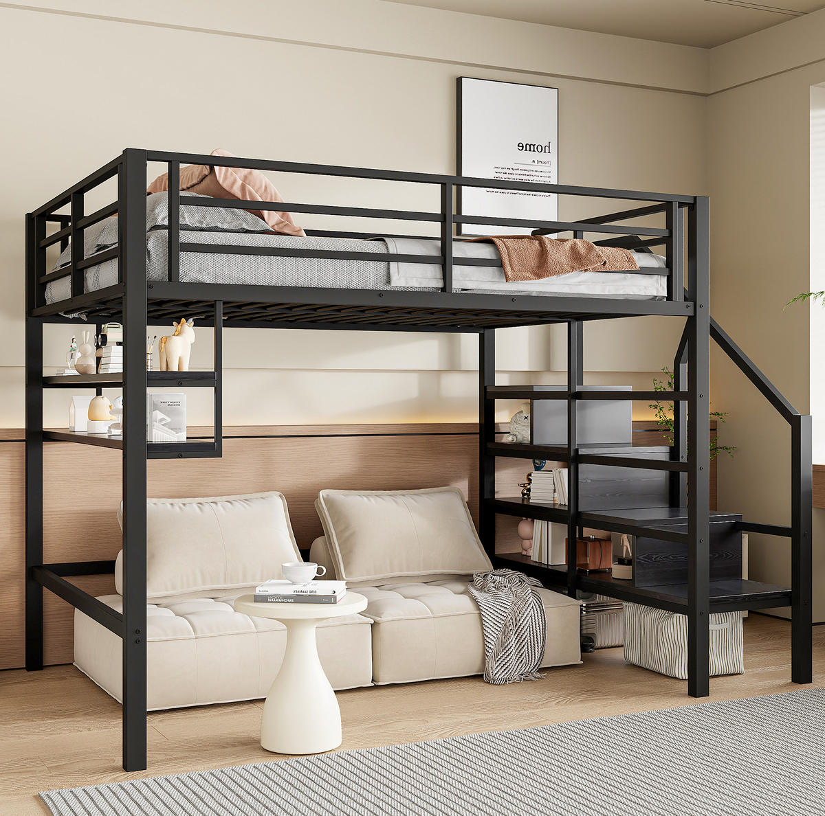 HOCHBETT aus Metall und MDF 140x200 cm Schwarz mit Stauraumleiter und Einlegeböden - Schwarz, Metall (140/200cm) - IVMEU