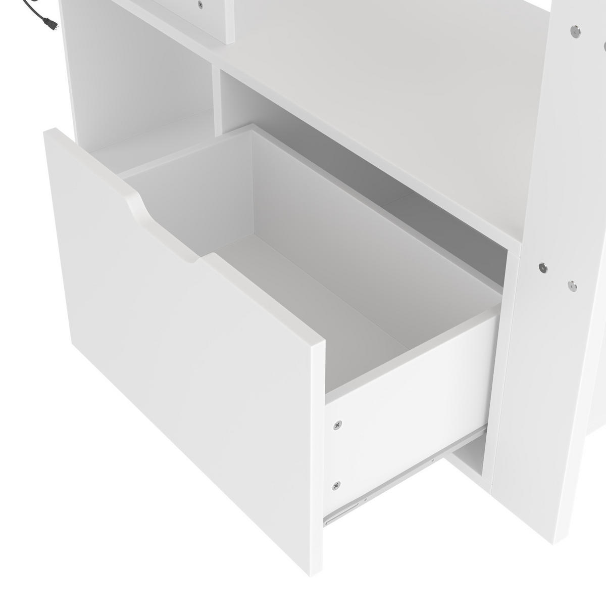 HOCHBETT 90/200 cm mit Schreibtisch, Regal, Schublade und LED-Beleuchtung aus Kiefernholz, Weiß - Weiß, Holz (90/200cm) - Redom