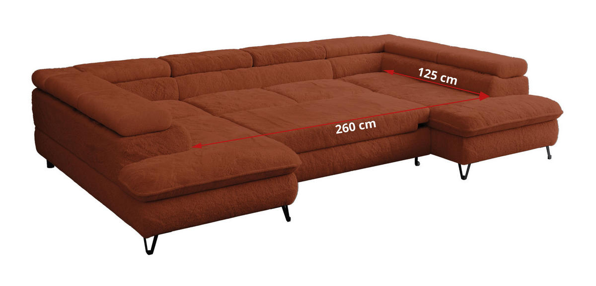 WOHNLANDSCHAFT PETER U Plüsch Orange - Schwarz/Orange, Textil/Metall (346/76/208cm) - MKS