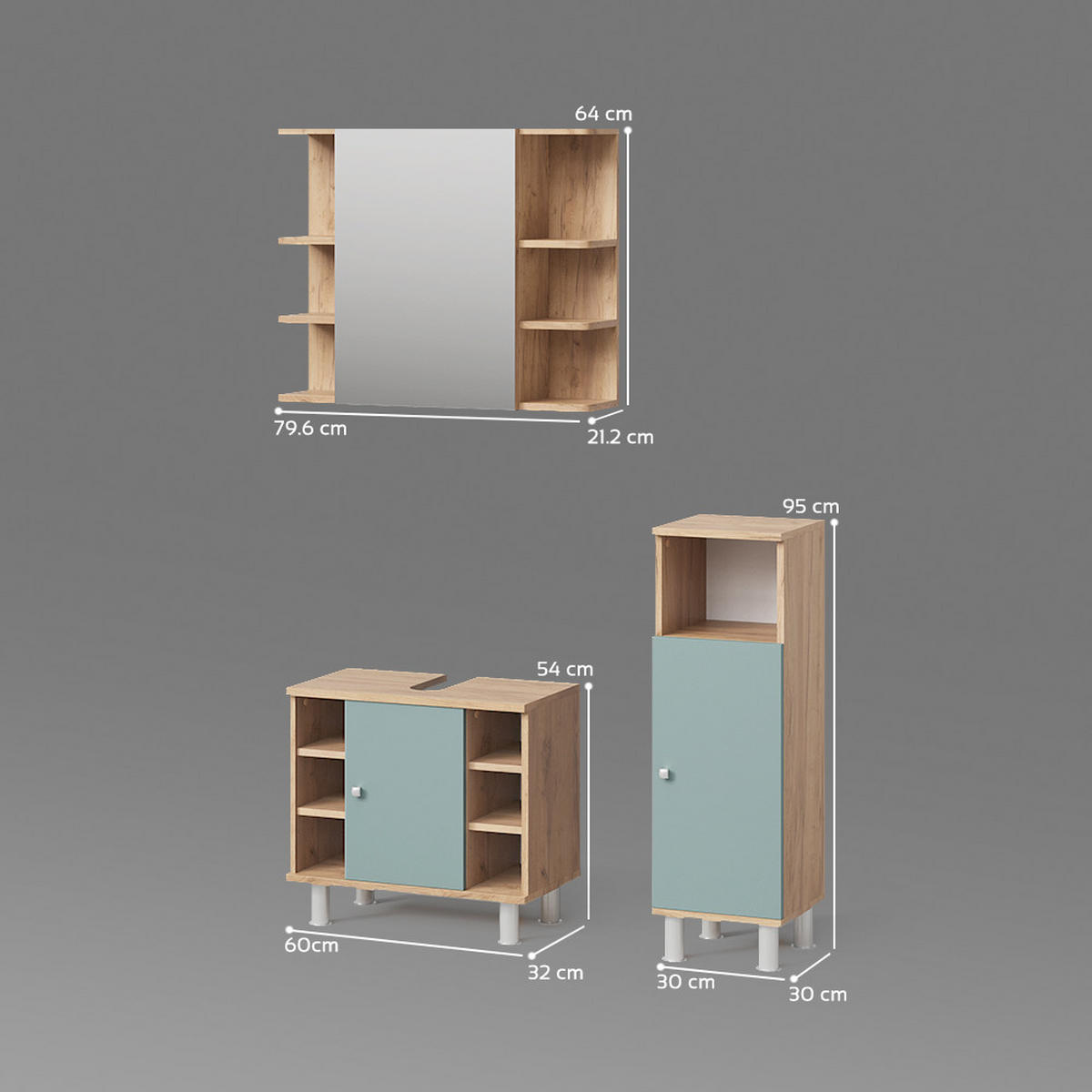 BADMÖBEL-SET Fucino Grün 3 Teile, mit Midischrank - Eiche Wotan/Grün, Holzwerkstoff (60/54/32cm) - Livinity®