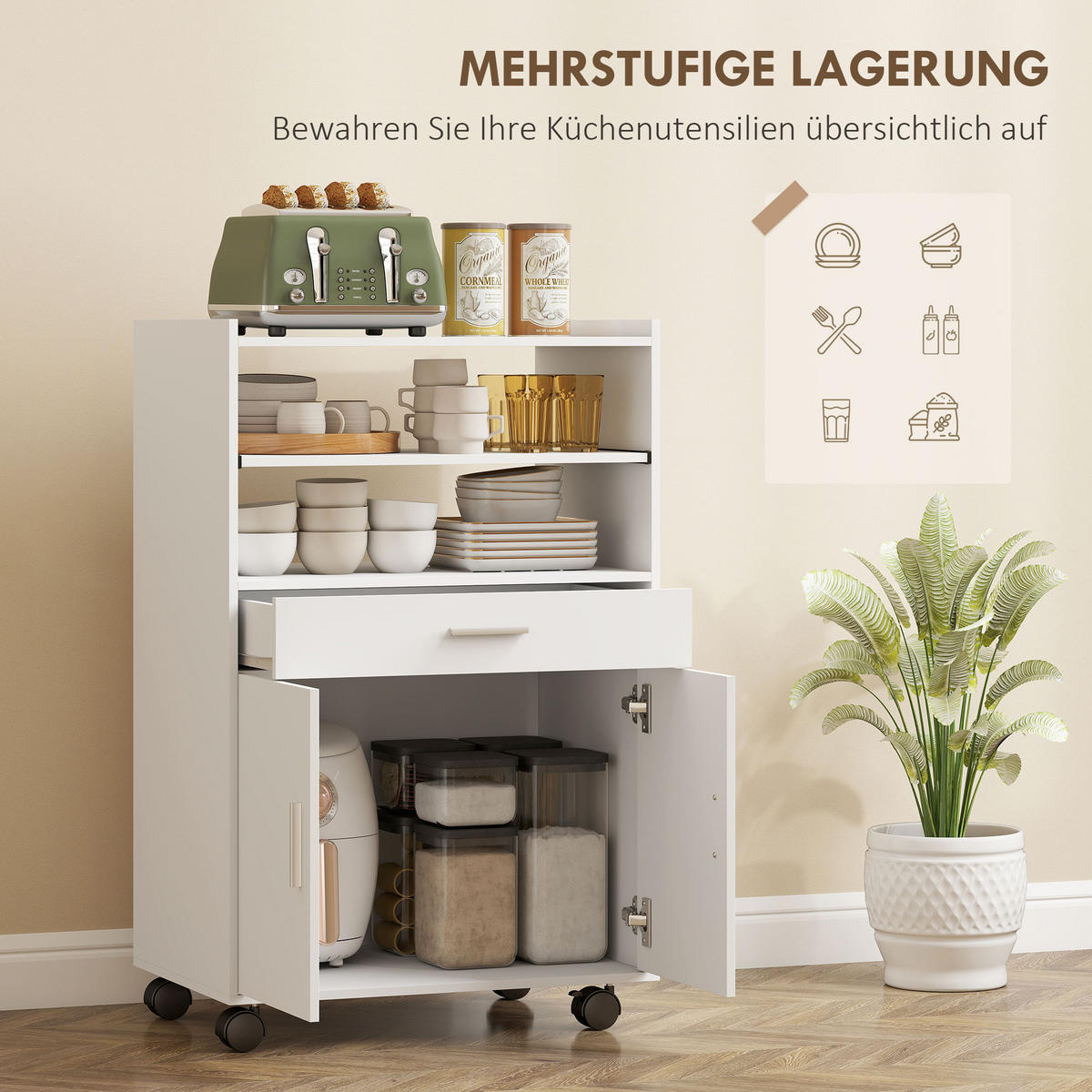 KÜCHENSCHRANK mit Rollen & Schublade Weiß - Weiß, Holzwerkstoff (40/92/59cm) - HOMCOM