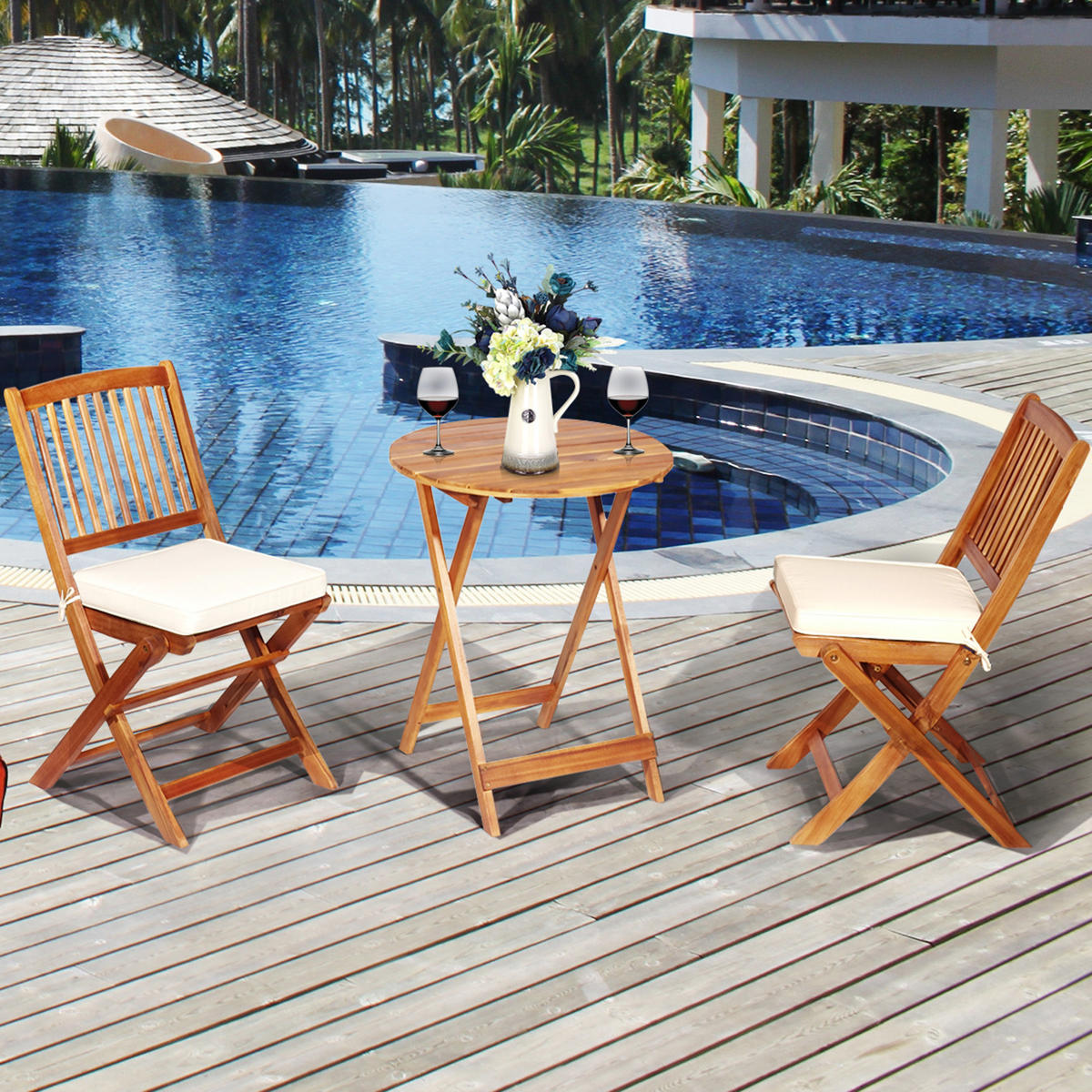 TERRASSENMÖBEL-SET Beige(3-teilig) - Beige, Holz - COSTWAY