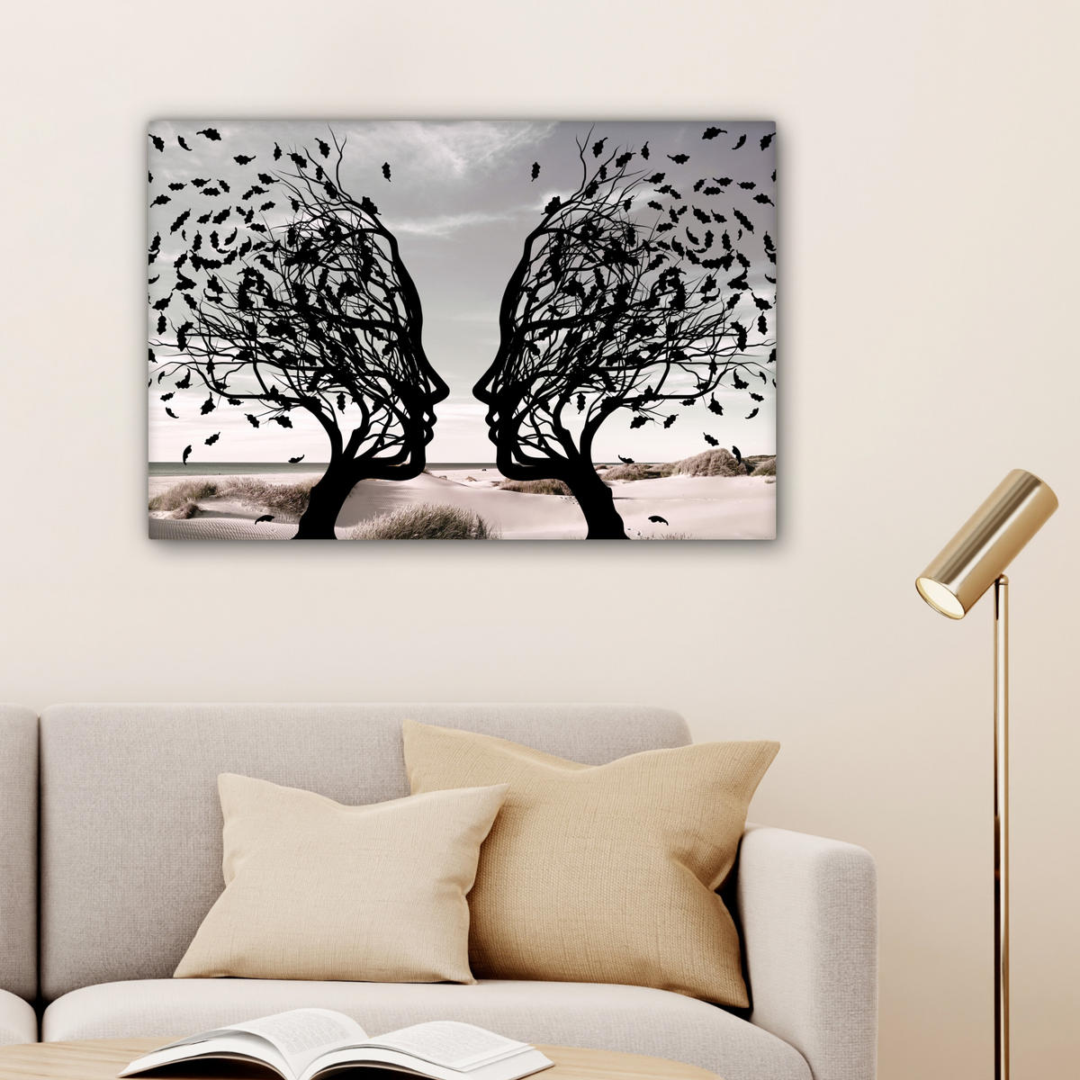 LEINWANDBILD Strand - Meer - Menschen - Baum - Moderne Kunst Gemälde 60x40 cm - Hellgrau, Textil (60/40cm) - MuchoWow