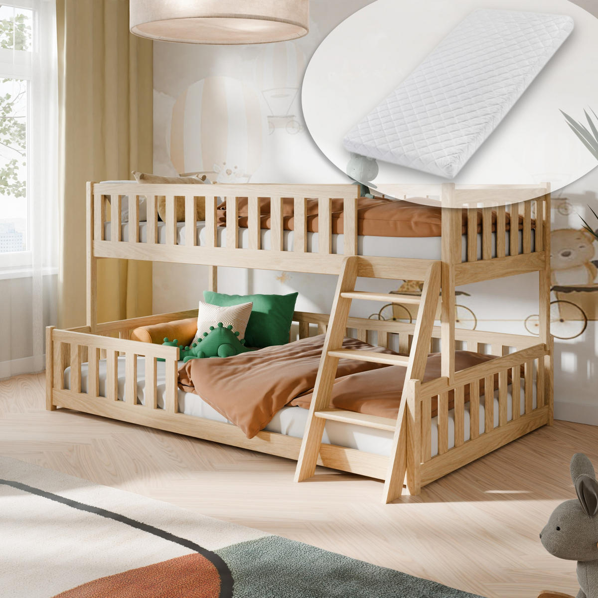 ETAGENBETT mit zwei Matratzen & Leiter 120x200 in Natur - Naturfarben, Holz (120/200cm) - Kids Collective