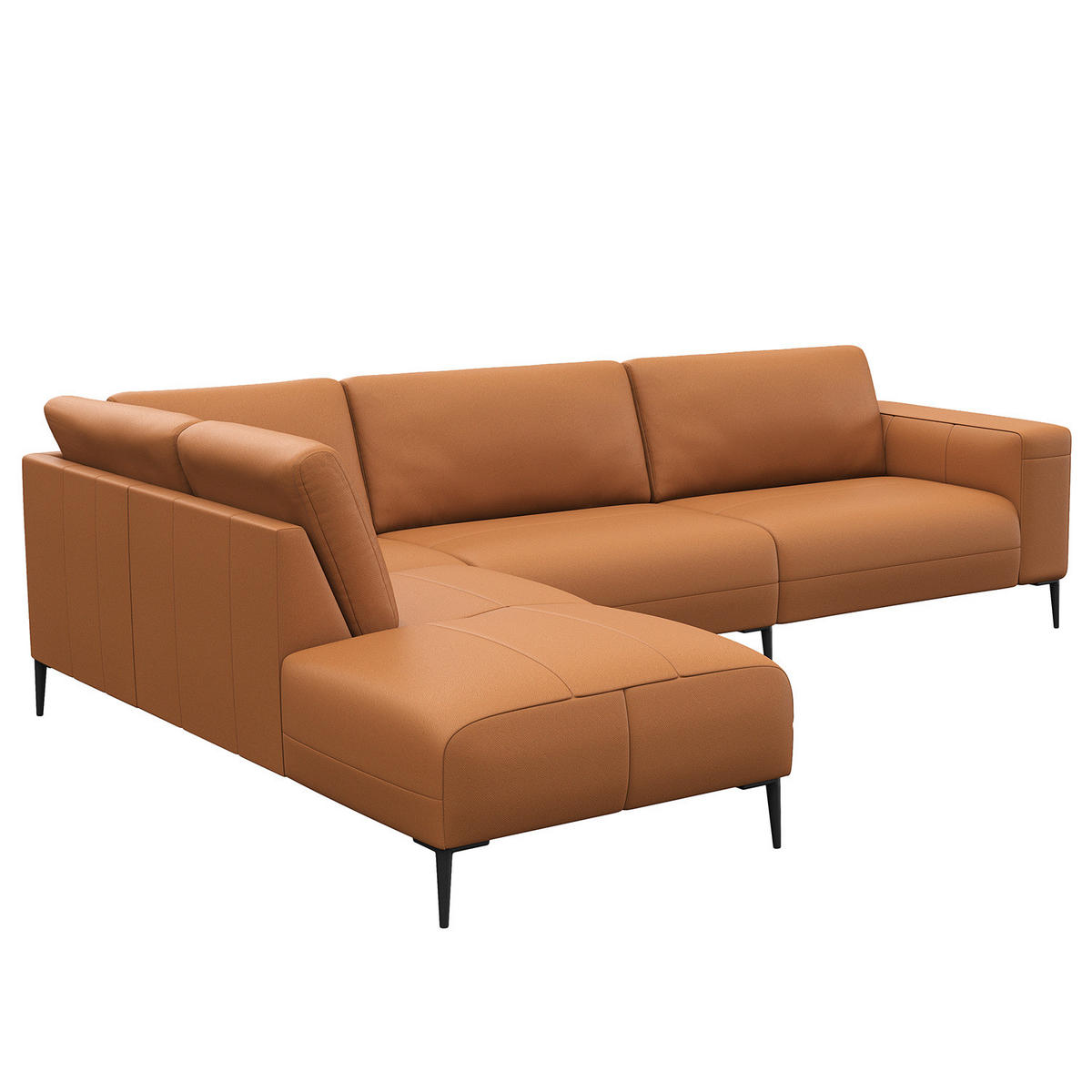 ECKSOFA mit Ottomane - Cognac/Schwarz, Leder/Metall (290/203cm) - home24