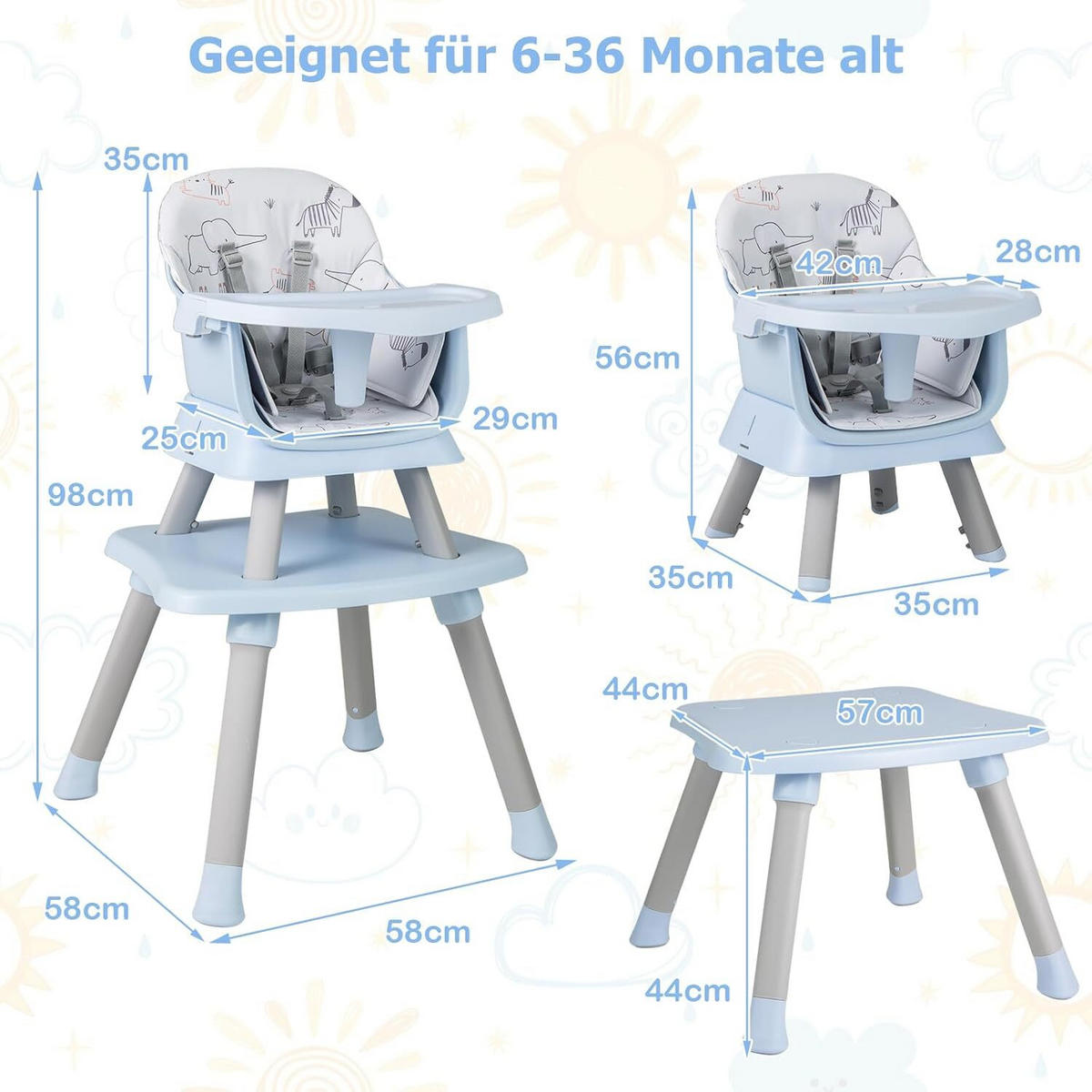 KINDERHOCHSTUHL mit Sicherheitsgurt & abnehmbarem Trichter blau - Blau, Kunststoff (58/98/58cm) - COSTWAY