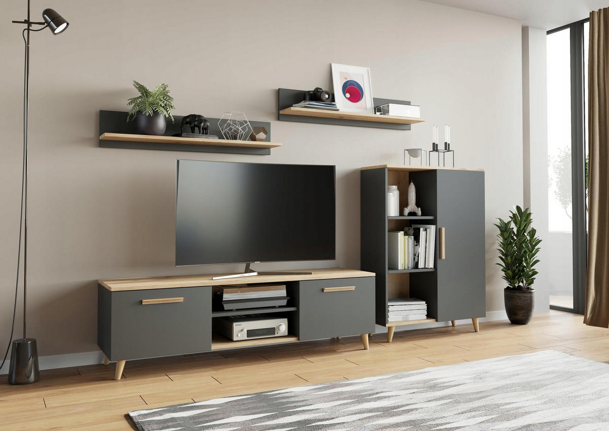 WOHNWAND Oslo 4-teilig Anthrazit-Artisan Eiche - Hellbraun/Anthrazit, Holzwerkstoff (150/47/40cm) - Matkam Möbel