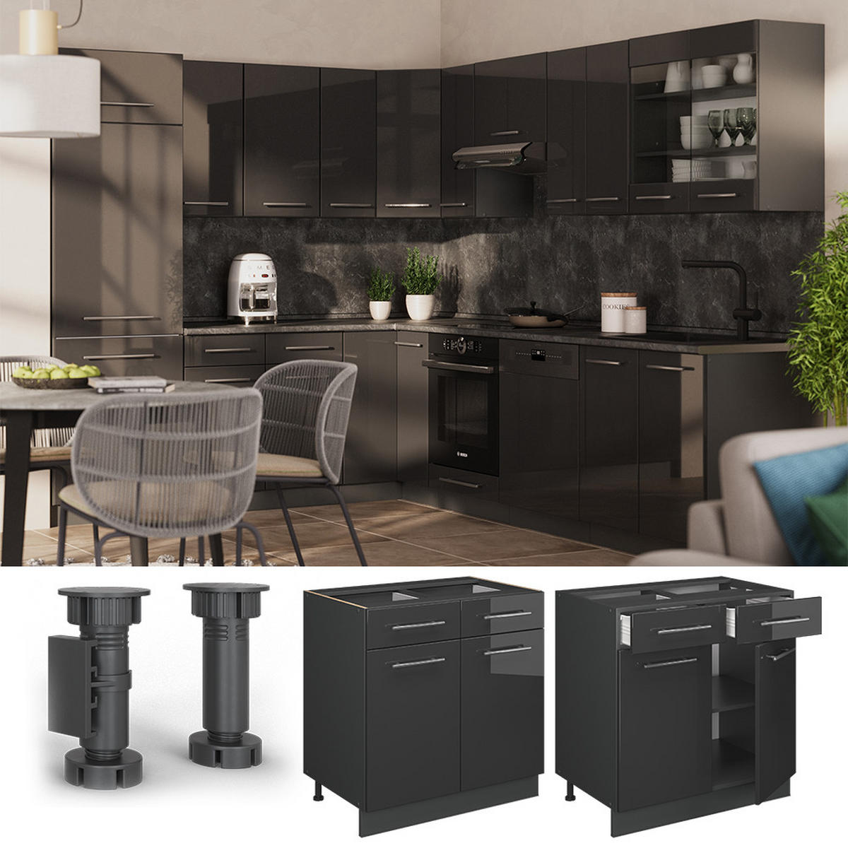 SPODNÍ SKŘÍŇKA KUCHYŇSKÉ LINKY Fame-Line Antracitový vysoký lesk - antracitová/vysoce lesklá černá, kompozitní dřevo (80/82/60cm) - Vicco