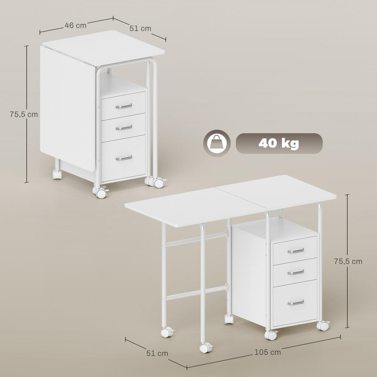 SCHREIBTISCH Weiß klappbar mit 3 Schubladen und Rollen 105/51/75,5 cm - Weiß, Holzwerkstoff (51/105/75.5cm) - PANGIVO