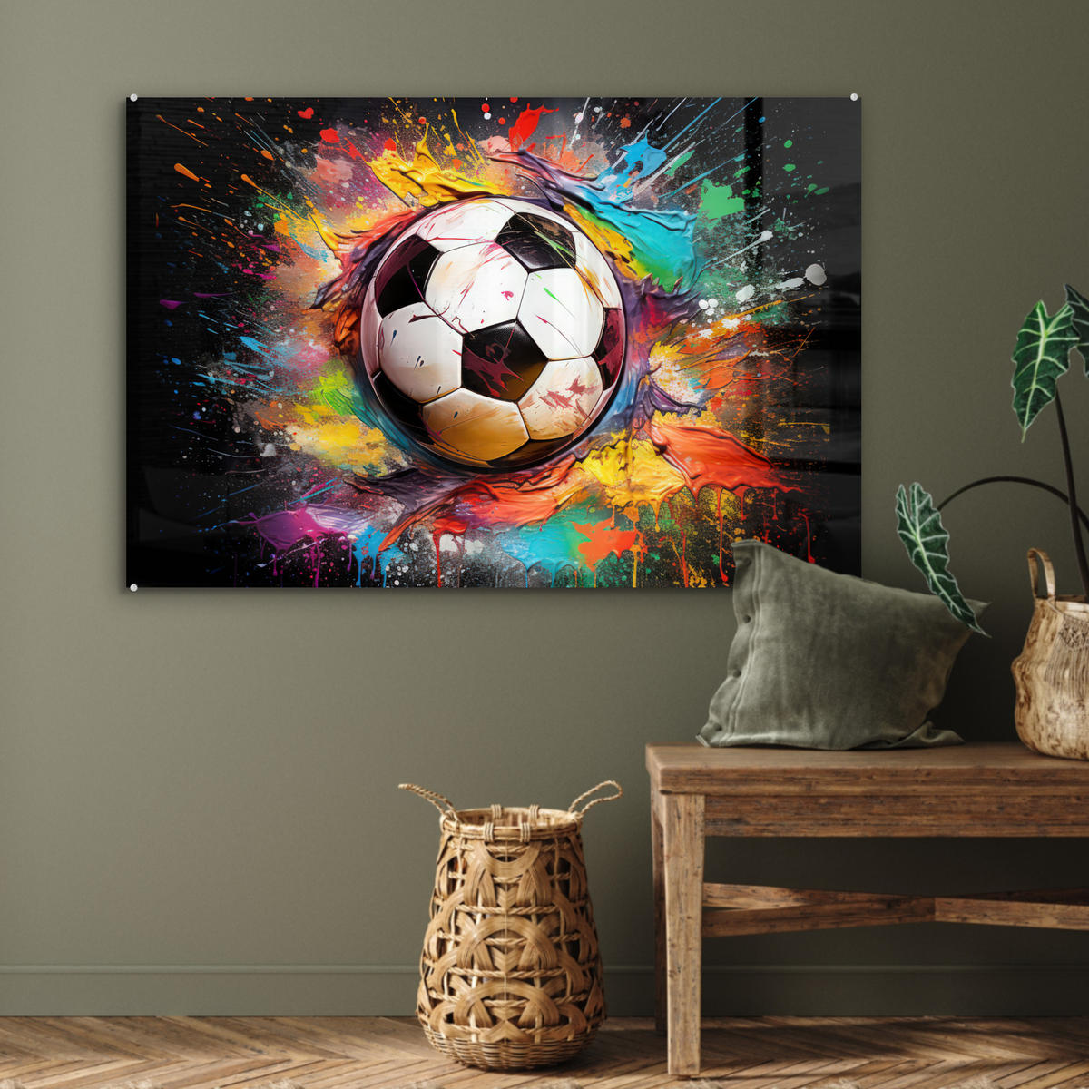 ACRYLGLASBILD Fußball - Farbe - Farben - Schwarz - Weiß 120x80 cm - Weiß, Glas (120/80cm) - MuchoWow