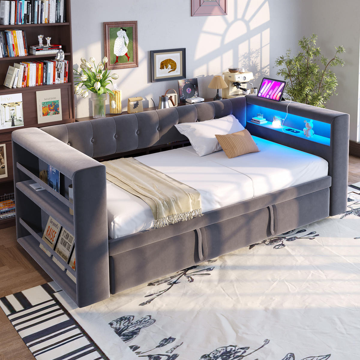 POLSTERBETT 90/180x190 cm LED USB dunkelgrau - Dunkelgrau, Textil (180/190cm) - Fortuna Lai