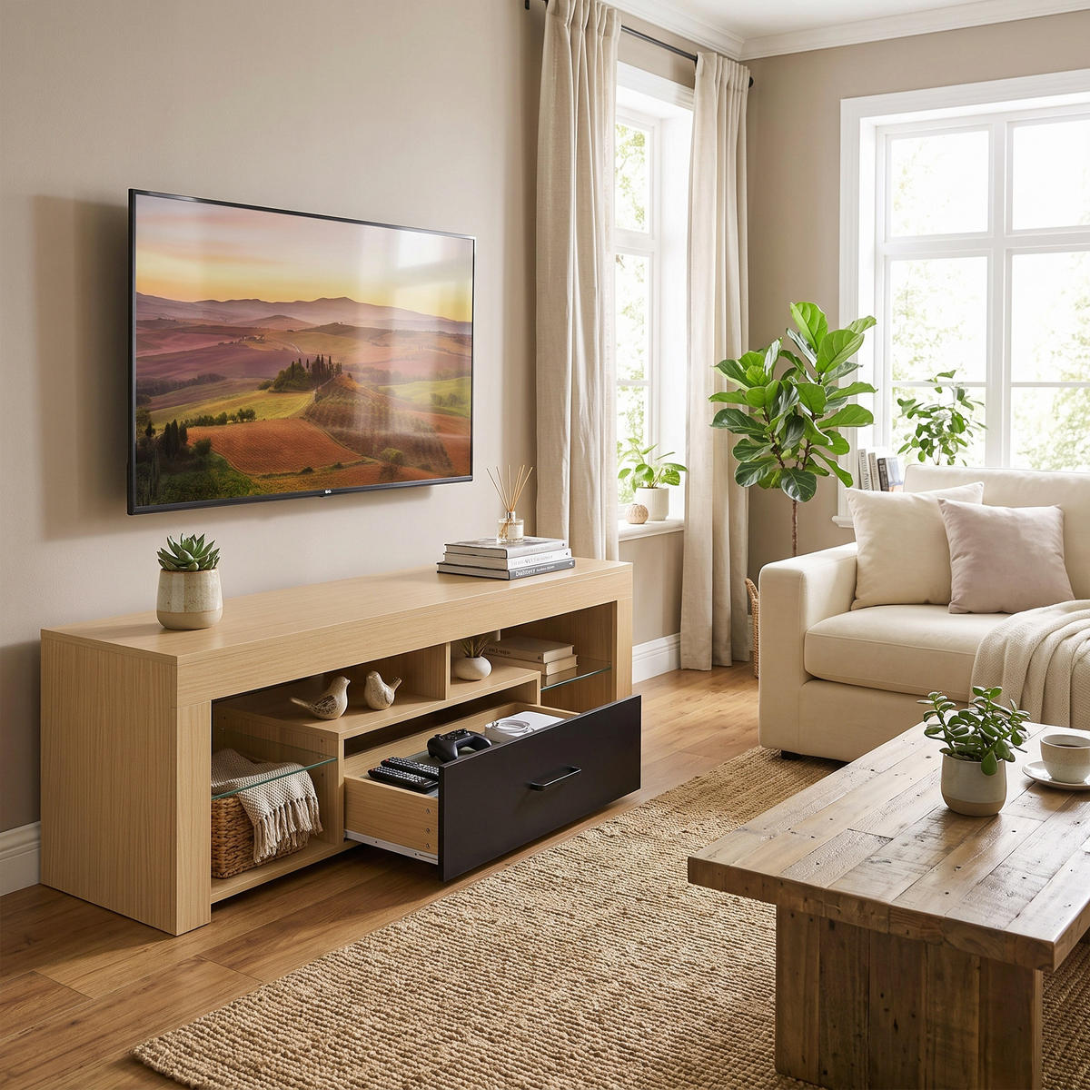 TV-BÄNK, spånskiva, glas, ek - Ekfärgad, Glas/Träbaserade material (40/45/140cm) - HOMCOM