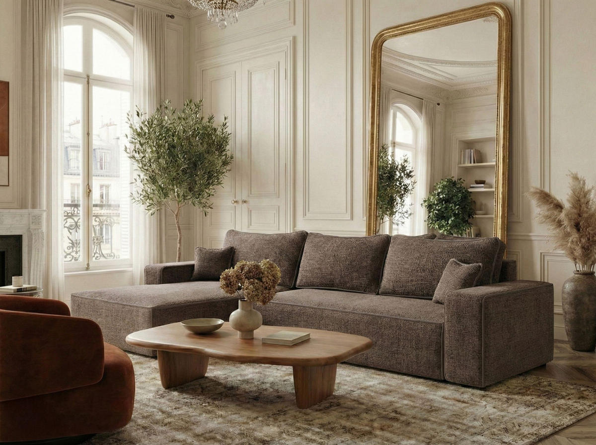 ECKSOFA MIT SCHLAFFUNKTION Modo Hellbraun Chenille-Stoff - Links Seite - Schwarz/Braun, Holz/Holzwerkstoff (185/294cm) - Maison de Reve