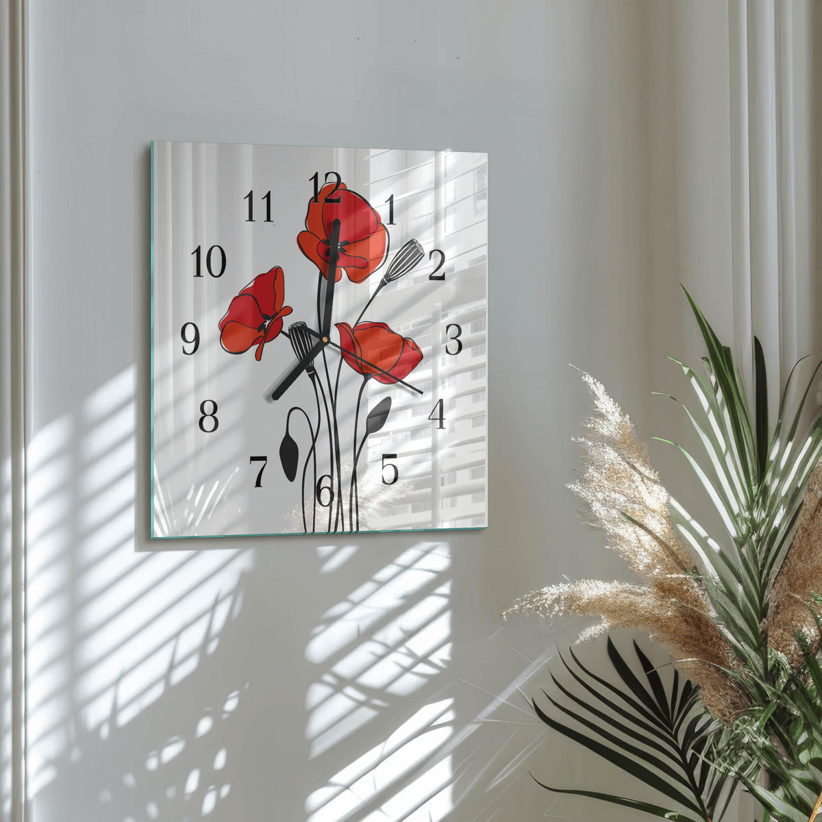 WANDUHR 30x30 cm - Mohn - Rot, Glas (30/30/0.4cm) - TULUP