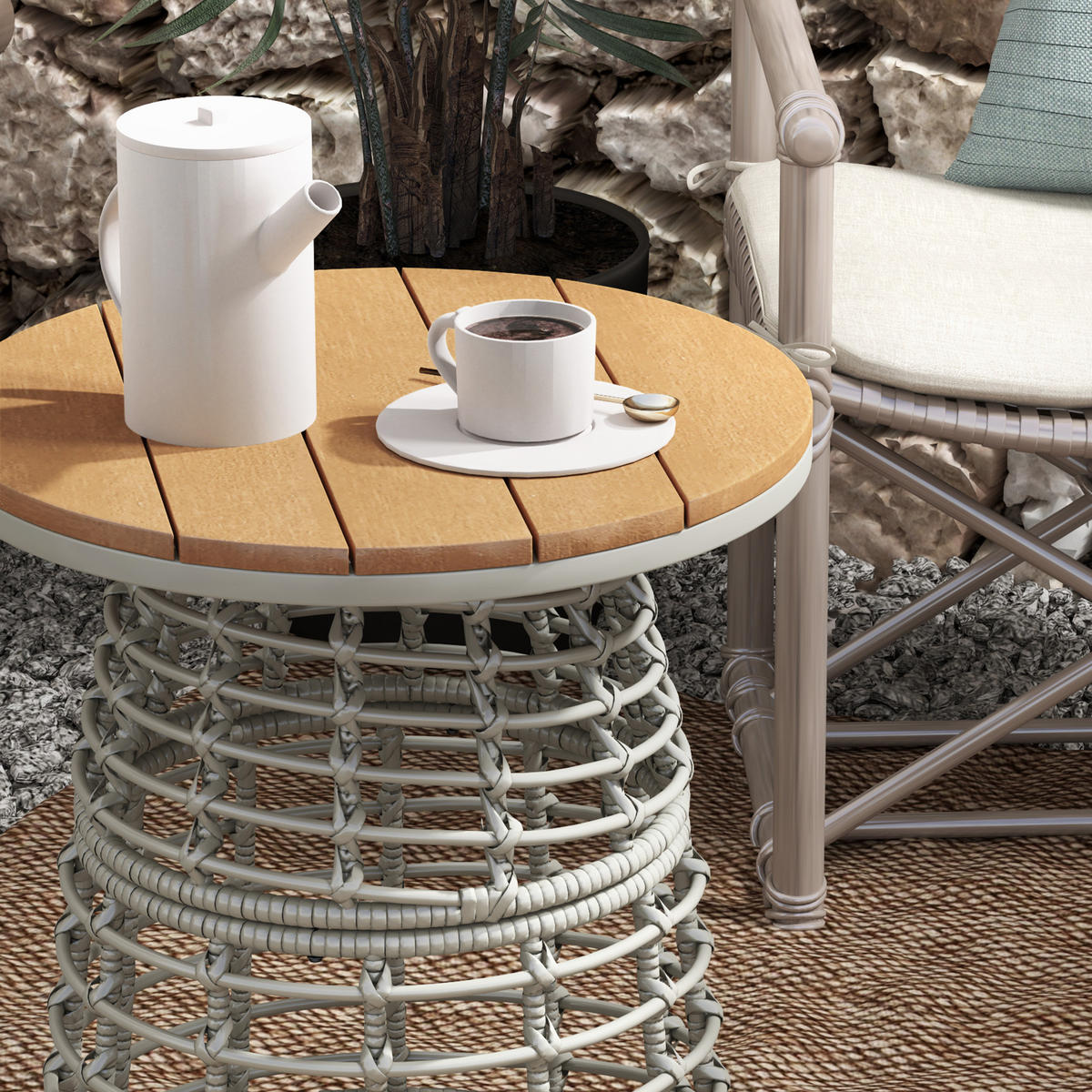 GARTENBEISTELLTISCH DE-13611 rund mit Composite-Platte, PE-Rattanoptik Grau - Grau, Kunststoff/Metall (45/45/50cm) - ComfortXL