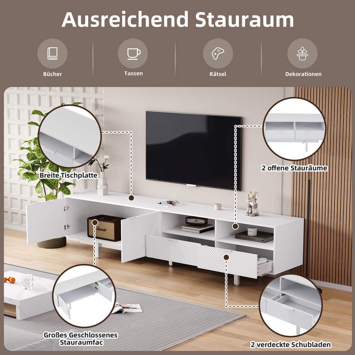 TV-MÖBEL Palermo Weiß 200/40/51 cm - Weiß, Holzwerkstoff (200/51/41cm) - PANGIVO