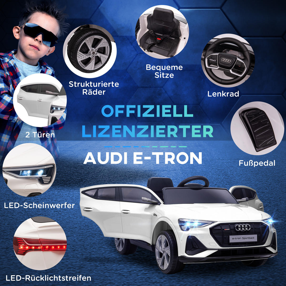 KINDER ELEKTROAUTO, Schwarz/Rot/Weiß, Kunststoff+ Stahl - Weiß, Metall (108/60/47cm) - HOMCOM