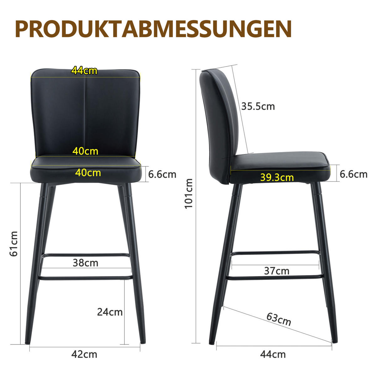 BARHOCKER mit Rückenlehne PU-Leder Schwarz Metallgestell - Schwarz, Metall (44/101/44cm) - Meubliv