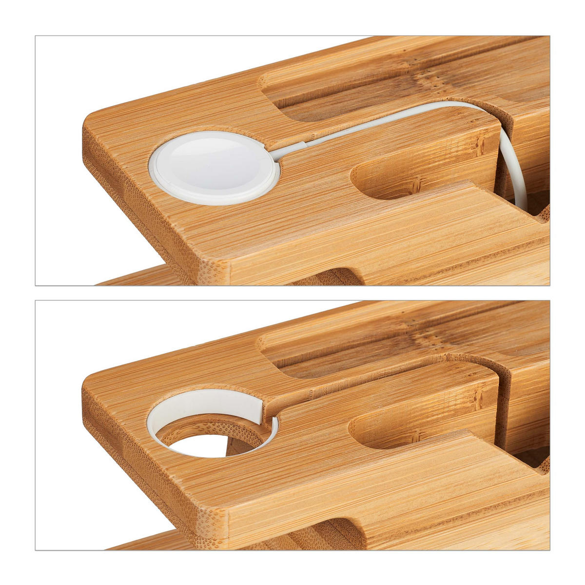 LADDSTATION natur bambu för smartphone och smartwatch 6x14x6,5 cm - Ljusbrun, Trä (6.5/14/6cm) - Relaxdays