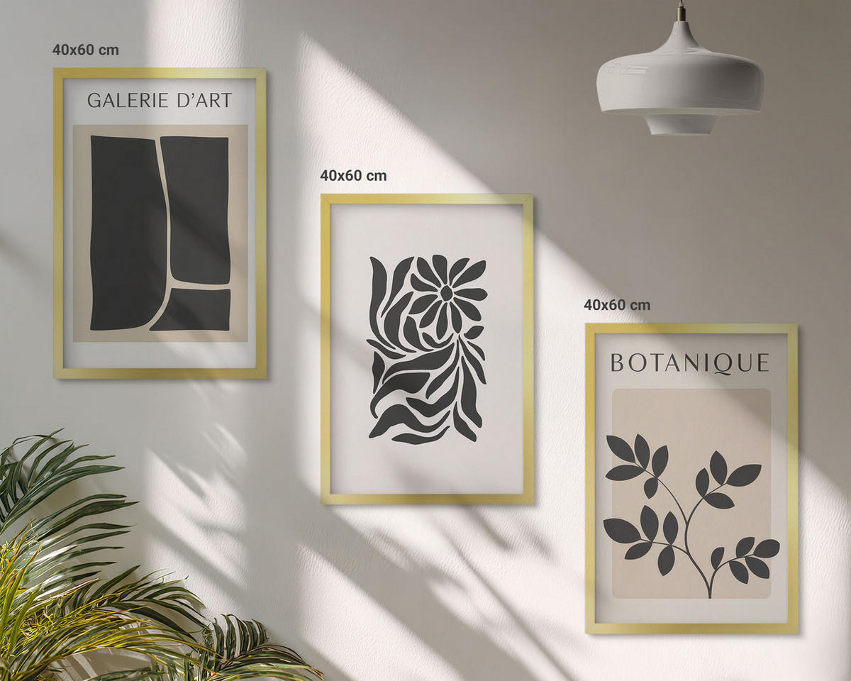 WANDBILDER 3er Set - 40x60 cm Goldrahmen - Abstrakte Pflanzenmuster - Goldfarben, Kunststoff (40/60cm) - ArtPrintCave